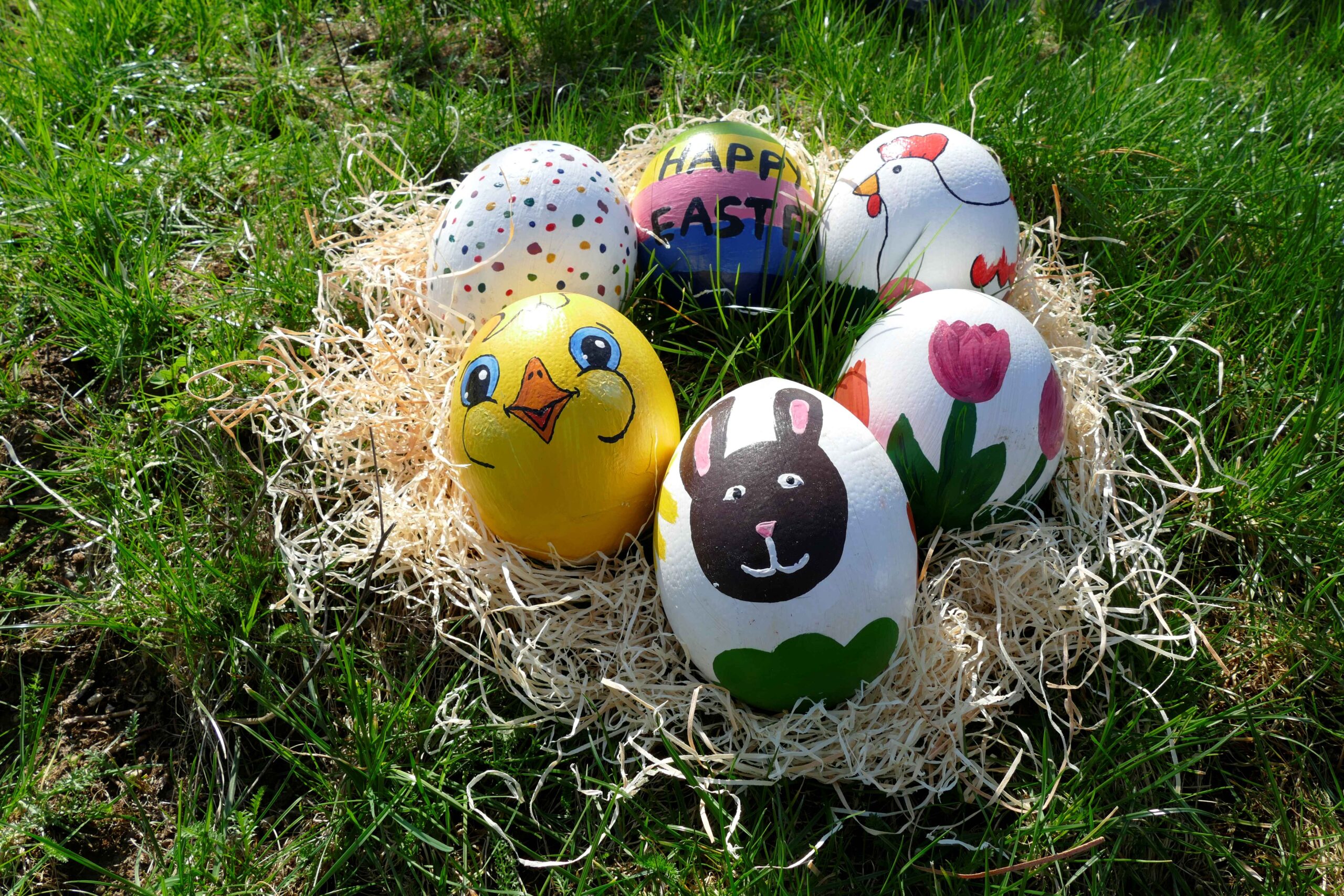 Fünf bunt bemalte Straußeneier in einem Nest auf einer Wiese