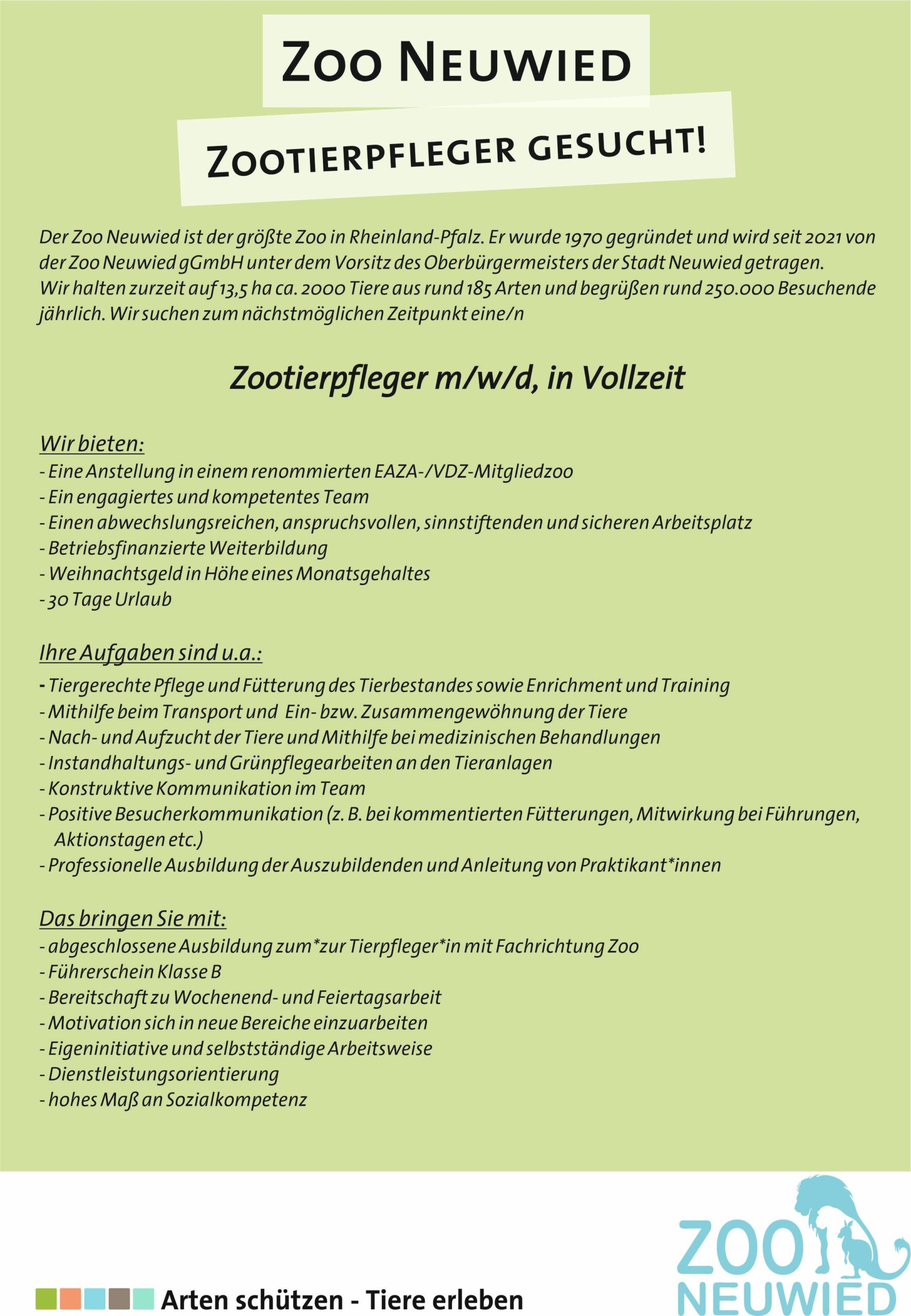 Stellenausschreibung des Zoo Neuwied für einen Mitarbeitenden im Bereich der Tierpflege