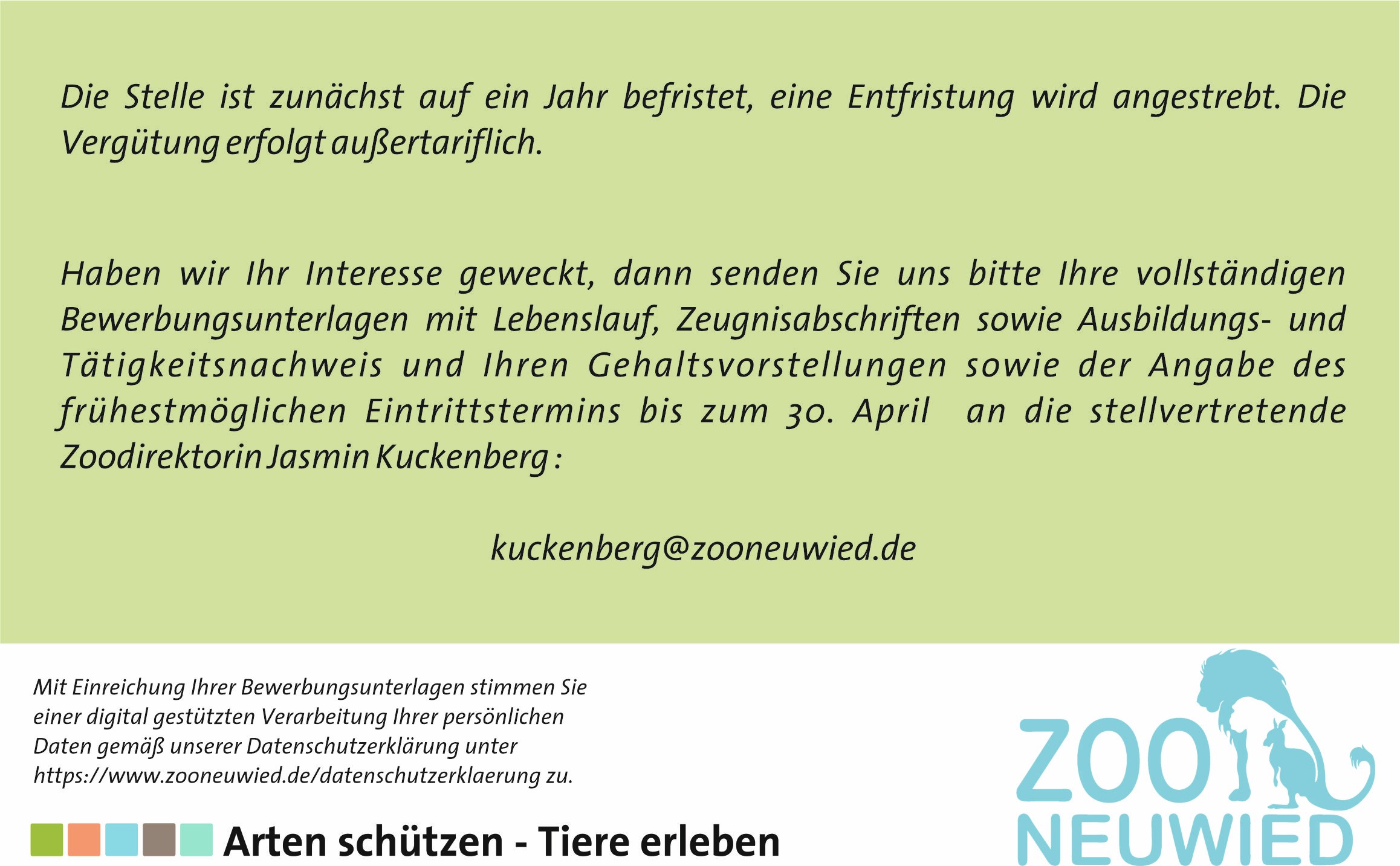Stellenausschreibung des Zoo Neuwied für einen Mitarbeitenden im Bereich der Tierpflege